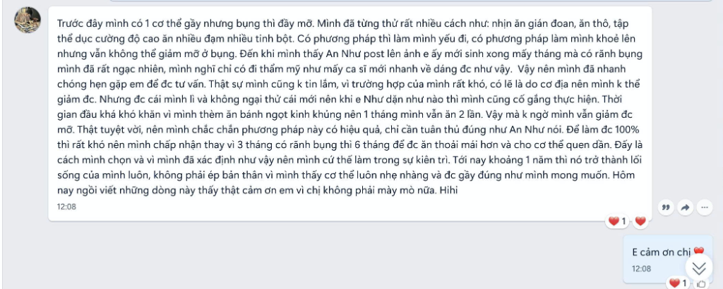 Cảm nhận học viên giảm mỡ bụng và thiết lập lối sống lành mạnh cùng An Như